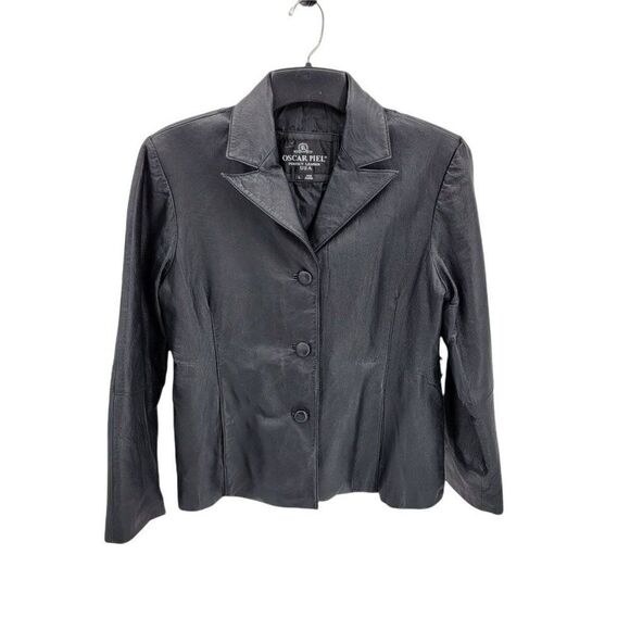 Vintage 80's Oscar Piel Leather Blazer Jacket Button Down Pockets Black Sz L - Picture 9 of 9